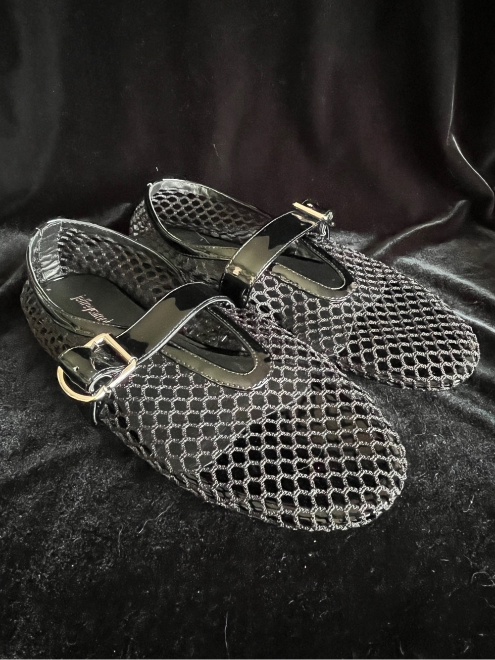 JEFFREY CAMPBELL Shelly Cut-Out Mesh Netted Black Patent Mary Jane Flat Sz 9